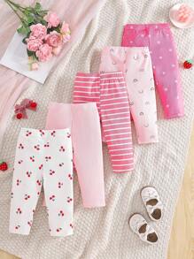 SHEIN Playful Pals 5 件套女婴松紧腰针织罗纹图案印花打底裤，粉色和白色罗纹花卉樱桃可爱时尚柔软舒适百搭休闲日常穿着，弹性适合夏季 - 彩色 - 查看 1