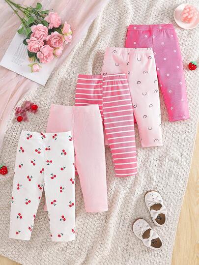 SHEIN Playful Pals 5 件套女婴松紧腰针织罗纹图案印花打底裤，粉色和白色罗纹花卉樱桃可爱时尚柔软舒适百搭休闲日常穿着，弹性适合夏季