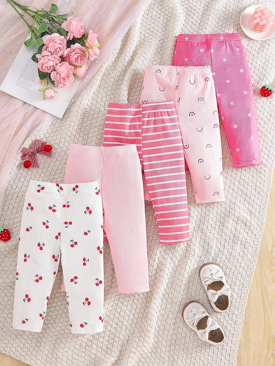 SHEIN Playful Pals 5 件套女婴松紧腰针织罗纹图案印花打底裤，粉色和白色罗纹花卉樱桃可爱时尚柔软舒适百搭休闲日常穿着，弹性适合夏季 - 彩色 - 查看 1