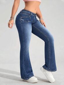 SHEIN EZwear Distressed Low-Waist Flare Leg Women Jeans Y2k - Dark Wash - View 5