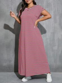 SHEIN Essnce Plus Size Women's Round Neck Waisted Black & White Striped Side Pockets Long Sleeve Dress
