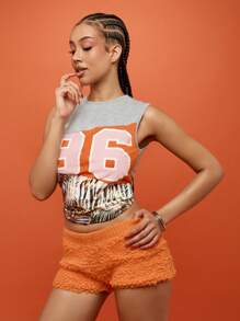 SUMWON WOMEN Festival Varsity Tank Top Summer Sleeveless Number Print Crop Palm Leaf Pattern Leisure Sport Jersey