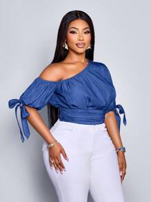 SOLERSUN 大码春夏新款不对称袖泡泡袖蝴蝶结肩褶松紧腰仿牛仔面料上衣优雅商务休闲性感休闲日常时尚女装