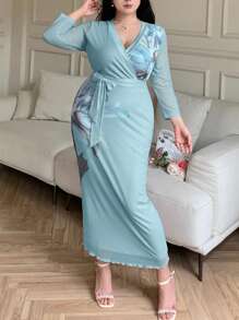 Modelyn Vintage Floral Graphic Slim Fit Long Sleeve Dress, Casual & Minimalist, Suitable For Summer - Blue - View 6