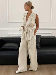 DAZY 2pcs Women Sets: Solid V-Neck Belted Tank Top And Wide Leg Pants - Beige - View 4