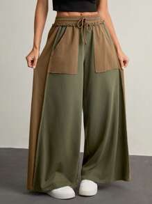 SHEIN Tall Women's Contrast Color Elastic Waist Drawstring Cargo Style Loose Pants, Summer - Multicolor - View 7