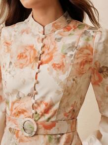 Anewsta Vestido elegante de verano y primavera para vacaciones en la playa, de alta gama, con cuello alto de botones, lazo en la cintura, y mangas farol para mujer