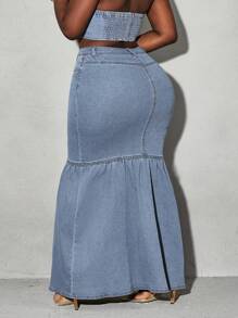 Slaydiva Plus Size Front Button Denim Skirt - Blue - View 3