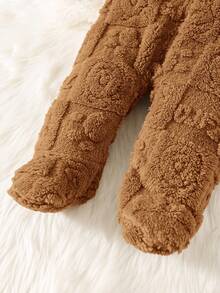 SHEIN 新生儿男女宝宝可爱卡通图案毛绒连帽连体衣，保暖内衬，适合秋冬季室内外穿着，泰迪熊图案，婴儿服装，秋季款 - 卡其色 - 查看 11