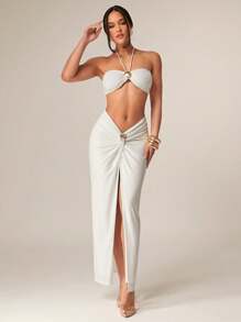 Silquee Summer Elegant Off-White Vacation Holiday Women 2 Pieces Set Solid Short Tank Shell Metallic Decoration Slim Fit Maxi Skirt Party Night Out - White - View 1