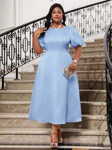 SHEIN Lady  Spring And Summer Elegant Plus Size Long Sleeve A Line Dress Bishop Sleeve Blue Wedding Valentine's Day Cocktail Party Plus Size Dresses Costume Prom Dress Fall Women Dresses Holiday Dress Blue Dress Greek Goddess Dress,Wedding Guest Dress Women - Baby Blue - View 3