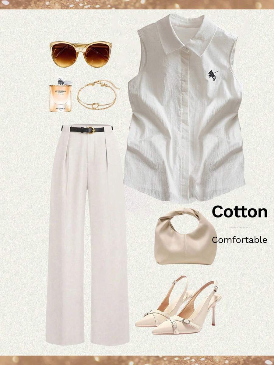 SHEIN Clasi Women's Sleeveless Knight Print Button-Up Casual Shirt Classy Outfits For Women - Beige - View 1