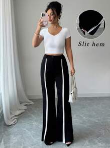 Elenzga 女式梭织无弹力喇叭裤，侧开衩撞色设计，优雅时尚工作休闲装，夏季 - 黑與白 - 查看 2