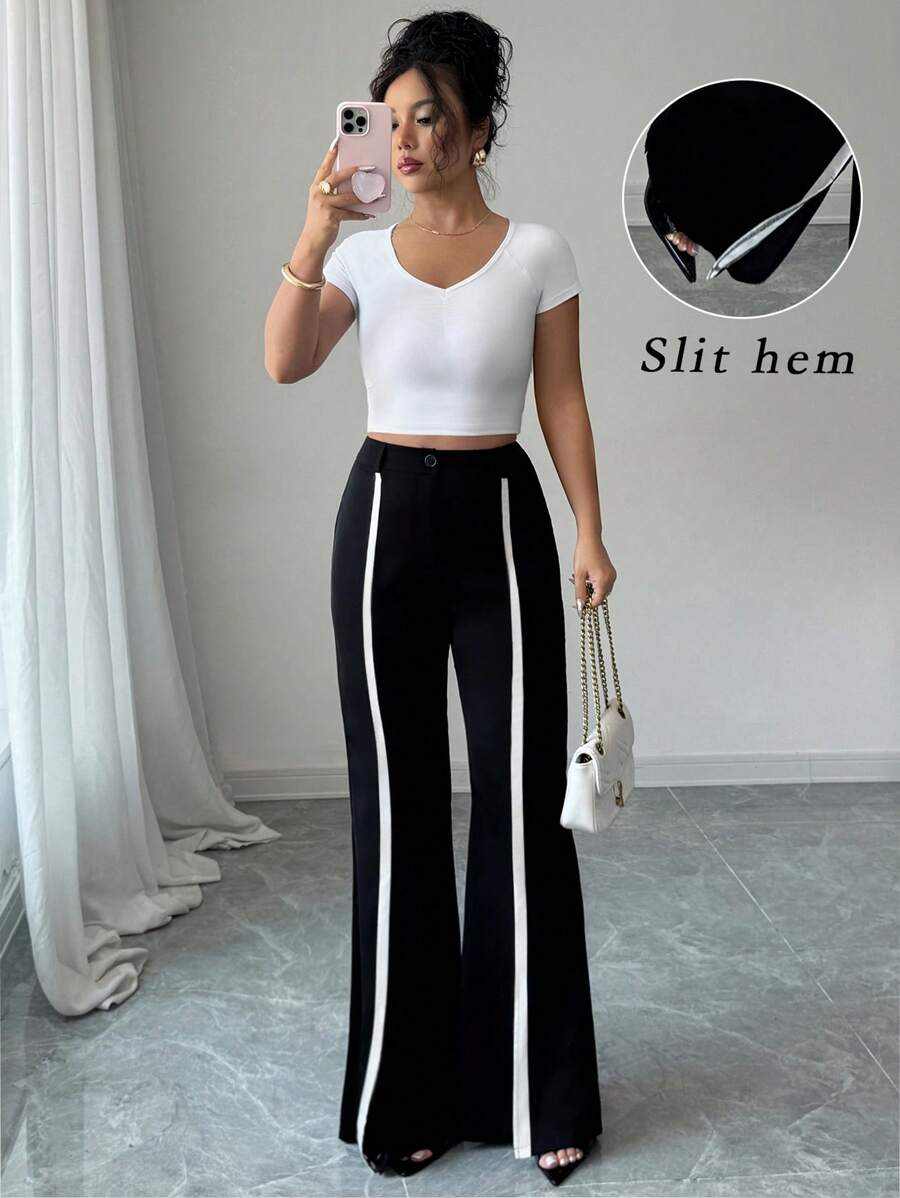 Elenzga 女式梭织无弹力喇叭裤，侧开衩撞色设计，优雅时尚工作休闲装，夏季