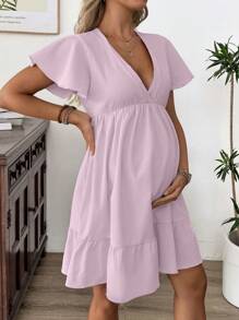 SHEIN Maternity Deep V-Neck Casual Midi Dress With Short Sleeves, Summer