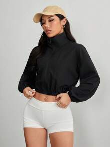 SHEIN PETITE Zip Up Crop Casual Drop Shoulder Jacket In Fall/Winter - Black - View 7