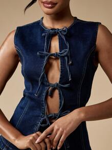 MISSGUIDED Chaleco vaquero con detalle de lazo al frente, silueta ajustada, estilo western, pieza de moda otoñal