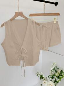 Comfortcana Women's Beige Lace-Up Front Sleeveless Crop Top And Shorts 2 Pieces Casual Set - Apricot - View 7