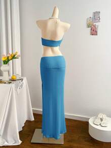 Soleia Beach Metal Shell Decor Vacation White Side High Waist Hollow Out Jacquard Elastic Fish Tail Dress Blue Long Dress Blue Dress Long - Blue - View 2