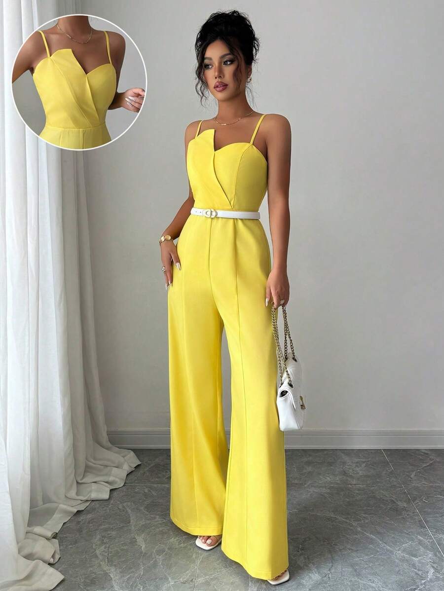 Elenzga Women's Solid Color Wrap Front Sleeveless Jumpsuit With Wide Leg, Elegant For Commuting And Daily Wear - Yellow - View 1