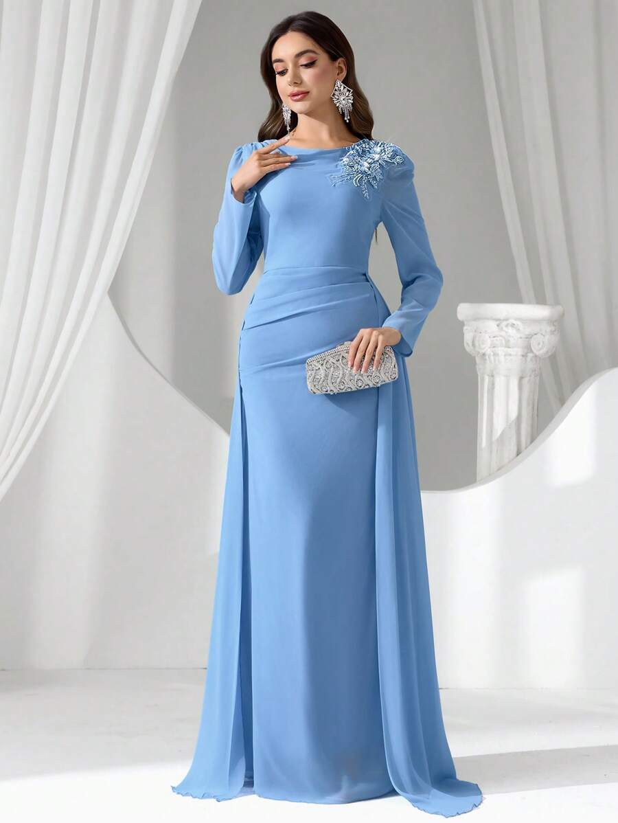 Coutiva Luxury Evening Gown, Long Sleeve, Elegant Design, High-End Lady Dress - Baby Blue - View 1