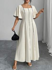Modelyn Vestido mini de línea A cinturón de cintura de bloques de color, primavera/verano, talla grande - Albaricoque - Ver 5