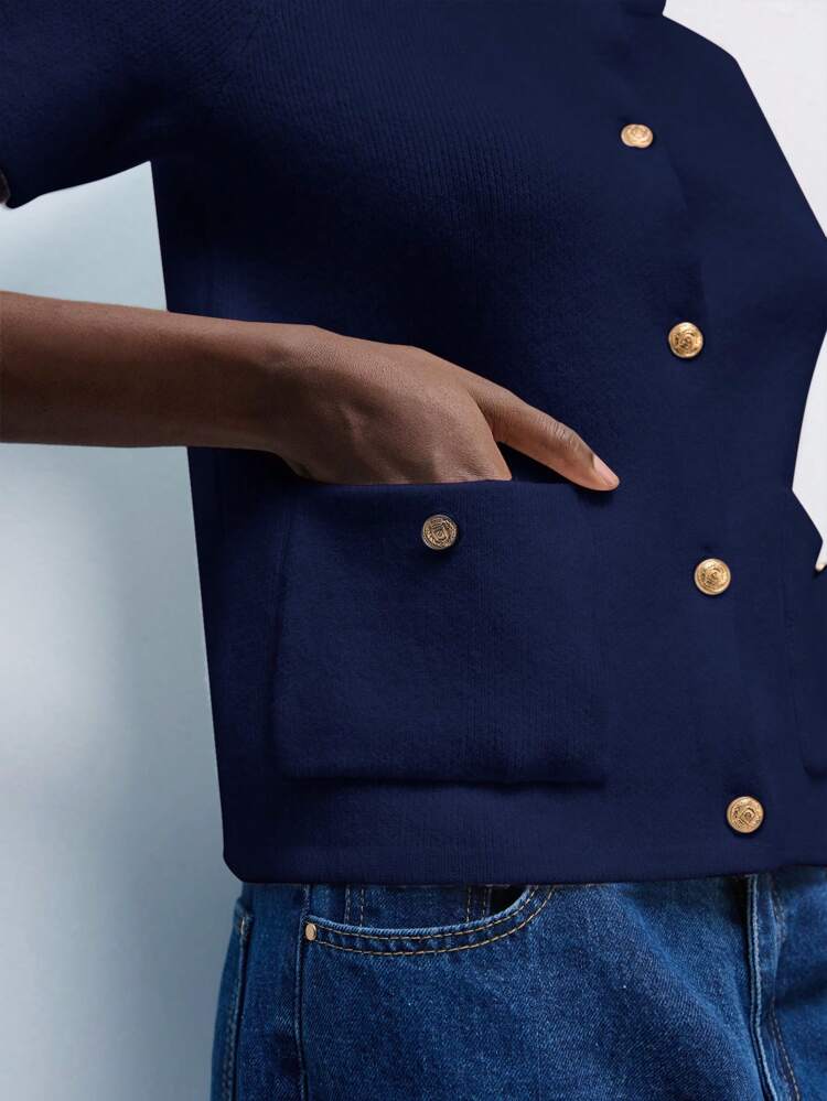 SHEIN Maija 2026 Elegant Women Deep Blue Knitted Cardigan, Suitable For Casual, Romantic Urban Vacation, Outdoor Wear, Party, Wedding Guest, Vintage, Bohemian, 90s Retro Outerwear Fall, Christmas Women's Clothing  St Patrick's Day Women Easter Summer Outfits Easter Dress Women Party Top Beach Dress Summer Holiday Outfits Each Vacation Outfits For Women
