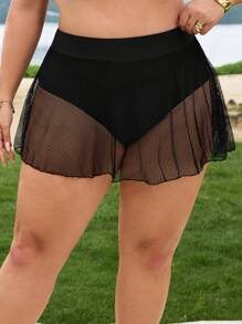 SHEIN CURVE+ Plus Size Women's Black Mesh Beach Shorts, Summer Vacation Swimwear - Black - View 3
