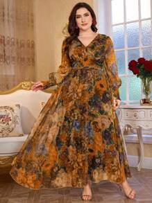 Modelyn 全新奢华优雅 A 字形 V 领长袖连衣裙