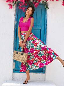 Vivid Eden 2 pezzi Set di moda da donna con canotta corta tinta unita e minigonna con stampa floreale per vacanza