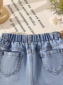 Shorts vaqueros casuales y urbanos de lavado claro con estampado de cerezas, cómodos y con cintura elástica, versátiles para el verano, para niñas preadolescentes