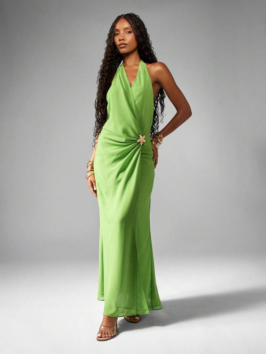 MISSGUIDED Elegant Chiffon Halter Neck Wrap Backless Midi Dress  ChristmasMISSGUIDED