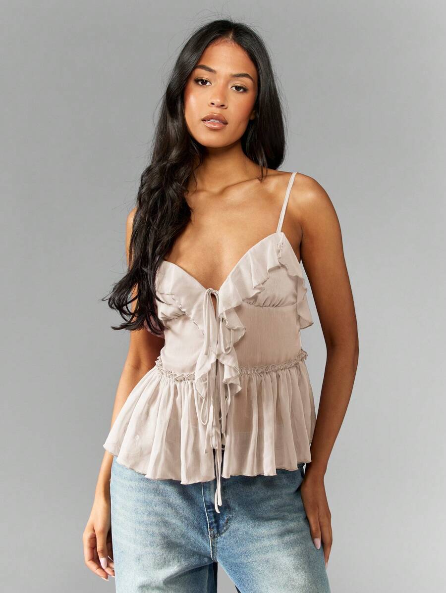 MISSGUIDED Ruffled Smocked Chiffon Cami Top Summer Blouse Party Peplum Tank Spring Festival Boho Casual Sleeveless Shirt - Apricot - View 1