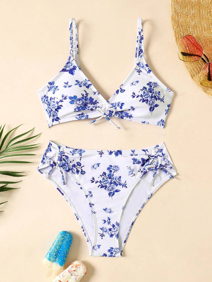 SHEIN 少女碎花比基尼套装,沙滩装,休闲度假,海边旅行 - 藍色 - 查看 1