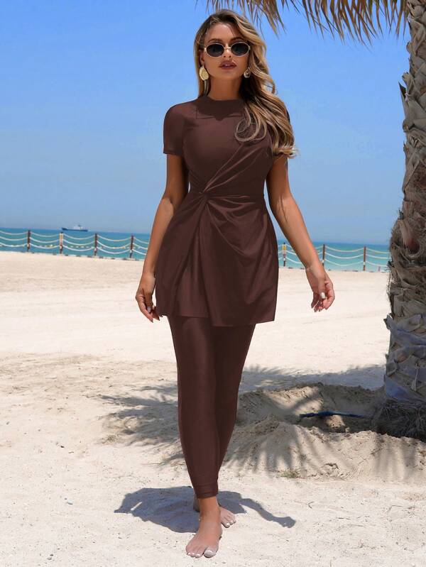 Swim Mulvari New Summer Women Round Neck Short Sleeve Side Twist Knot Dress + Shorts Solid Color Vacation Burkini Set