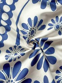 Soleia Women's Green Tropical Floral Retro Print Side Hollow Lace-Up Waist A-Line Midi Strap Dress, Vacation Style - Blue and White - View 8