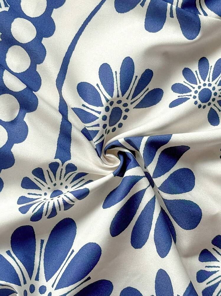 Soleia Women's Green Tropical Floral Retro Print Hollow Out Side Tie Waist A-Line Midi Cami Dress, Vacation Style Vacation Dress - Blue and White - View 8