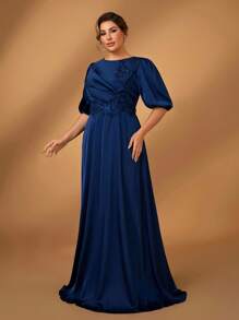 Serin Plus Size Navy Blue Satin Fabric Crew Neck Pleated Chest Floral Decor Bell Sleeve A-Line Dress, Elegant For Wedding Party Activities, Bridesmaid And Mother Of The Bride Outfit