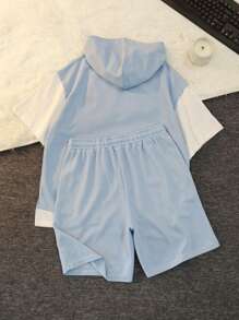 Manfinity Hypemode Men's Letter Print Hoodie Short Sleeve T-Shirt And Drawstring Waist Shorts Set, Casual