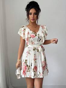 Elenzga Đầm nữ thanh lịch lãng mạn cổ chữ V tay bèo nhún, eo thắt, xếp ly, dáng chữ A, đi nghỉ - Nhiều màu - Xem 5