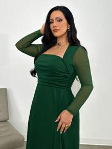 SHEIN Privé Vestido largo de corte evasé sin mangas talla grande para mujer, vestido verde de cuello alto, ajustado con ribete de volantes y abertura lateral, para otoño y vuelta al colegio