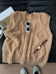 DAZY Chaleco de mujer de punto trenzado con cuello en V para primavera y otoño