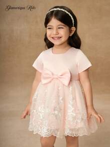 SHEIN Glamorique Kids Baby Girls' Pink Short Sleeve Satin Tulle Dress With Embroidery Bowknot, Elegant Flower Girl Party Dress For Wedding, Birthday - Pink - View 4