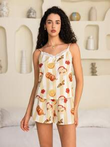 SHEIN Touch of Art Ensemble de pyjama femme avec débardeur à fleurs, rayures, dentelle et shorts. Avec une illustration imprimée de fruits et de fleurs de Joris Hoefnagel. Style romantique vintage et confortable, parfait pour le printemps et l'été. - Kaki - Voir 3