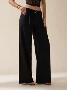 SHEIN Tall 女士纯色日常百搭通勤休闲日常休闲腰部孔眼装饰系带阔腿宽松休闲裤 - 黑色 - 查看 6