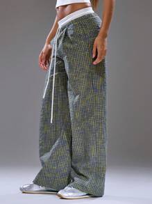 MUSERA 格纹撞色抽绳腰阔腿宽松长裤，夏季街头风 Y2K 酷女孩都市缪斯度假工作办公秋季、冬季、返校季、圣诞节 - 藍色 - 查看 3