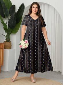 Lacomfia Plus Size Women Summer Casual Floral V-Neck Short Sleeve A-Line Dress,Women's Book Summer Fashion Simple Waist Slimming Floral Print Dress, Home Outing Casual Dress, Fabric Soft And Comfortable Loose Women's Dress Women's Dress Elegant Dress Women's Summer Clothing Women's Casual Dress Women's Beautiful Dress,Black Dress Brown Dress