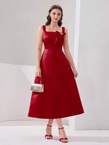 女士优雅蝴蝶结装饰礼服 - 紅色 - 查看 5