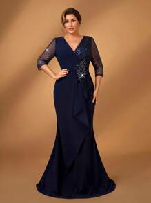 Serin Vestido elegante y romántico de talla grande con escote en V, parches de lentejuelas, tejido de punto, manga media transparente, parche floral, volantes y dobladillo de cola de sirena para ocasión especial de la madre