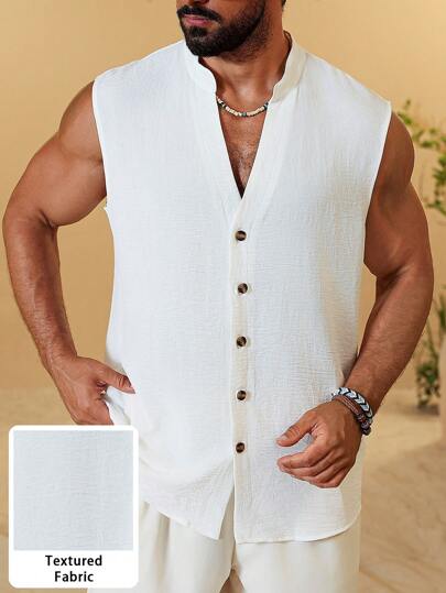 Manfinity RSRT Men's Solid Color Single-Breasted Top, Sexy For Outdoor Wear, Summer